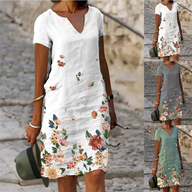 2024 Summer Elegant Women Dress Oversize Printed V-neck Dresses Female