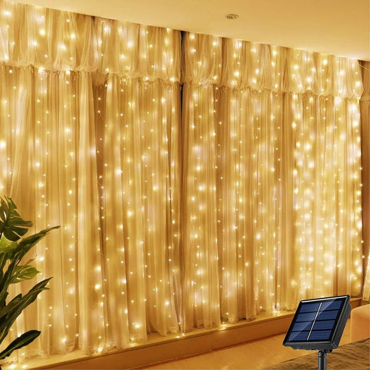 Solar LED Curtain Light Outdoor Garland Solar Fairy String Light Pavilion Garden Party Holiday Christmas Decor Copper Wire Lamps