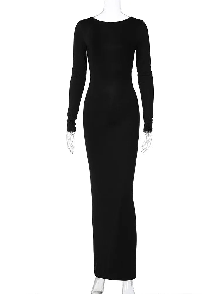 Hugcitar Spring Elegant Long Sleeve Backless Solid Cuched Sexy Bodycon