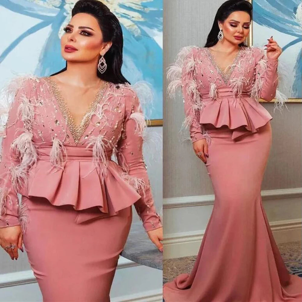 V Neck Feathers Sequins Peplum Long Sleeves Prom Dress Dubai Arabic Mermaid Evening Dresses