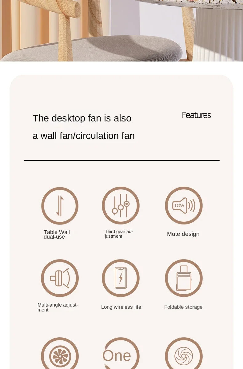 2IN1 Folding Desktop Fan Portable Air Conditioner Wall Mounted Fan Rechargeable with 3 Gears for Home Office