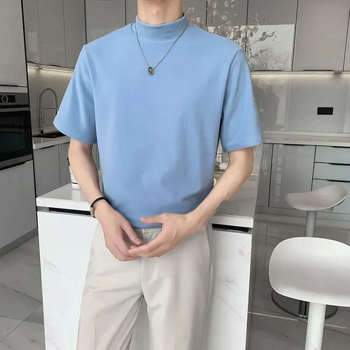 Men's Casual Turtleneck T-Shirts Short Sleeve Solid Slim Fit Silk High
