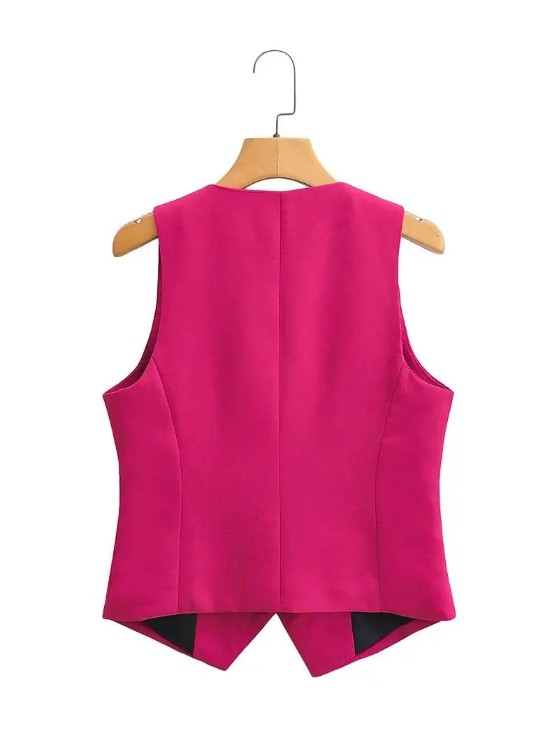 Women Fashion V Neck Sleeveless Pockets Short Vest Jacket Office Lady