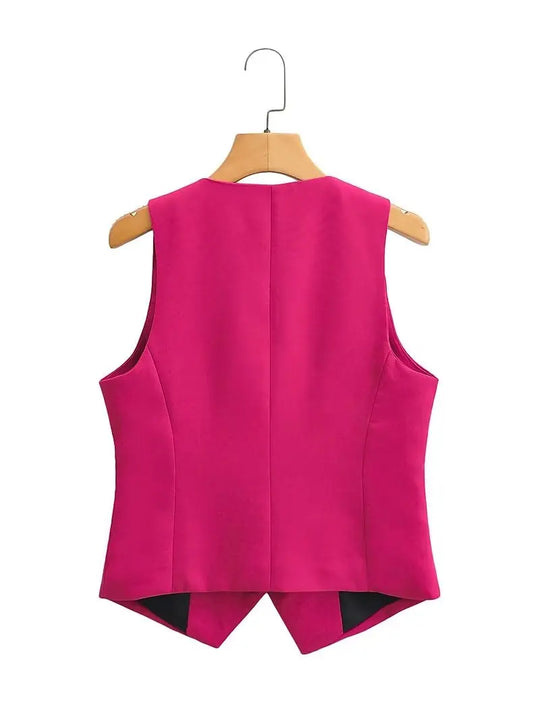 Women Fashion V Neck Sleeveless Pockets Short Vest Jacket Office Lady