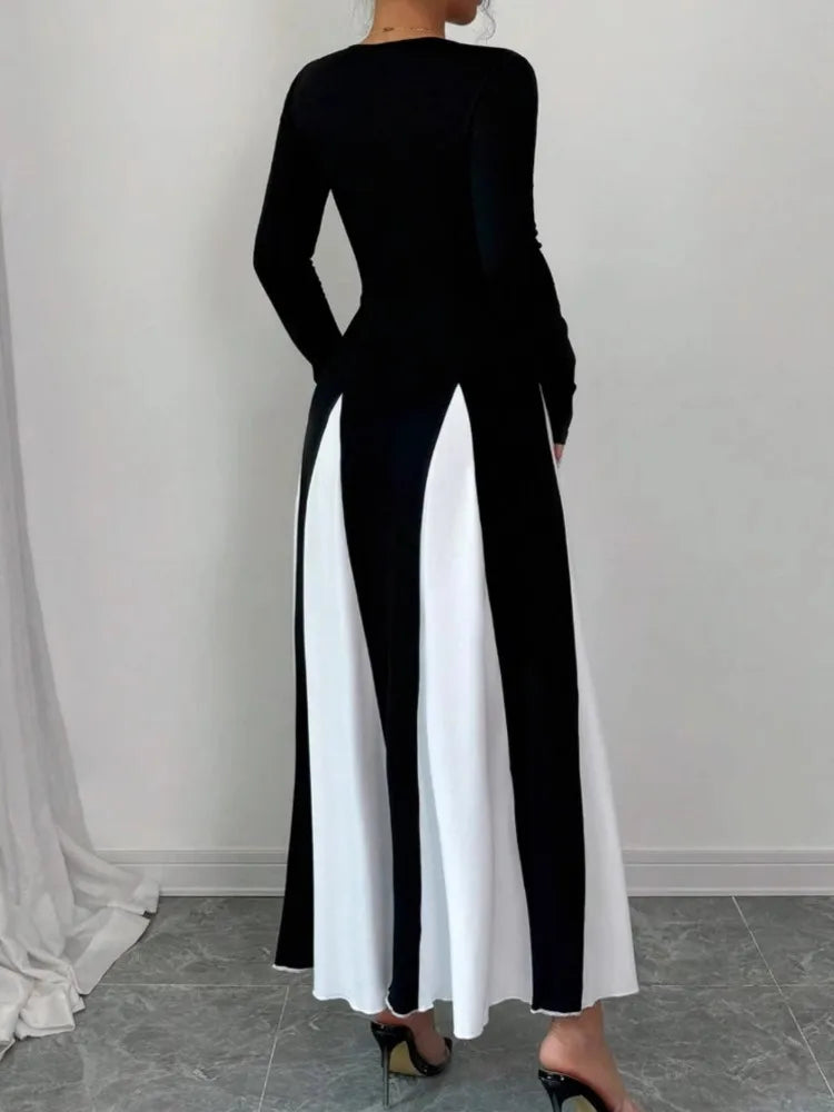 Spring & Autumn Women's Long Sleeve Round Neck A Line Contrast Color Dress, Stylish Black & White Patchwork Long Dress