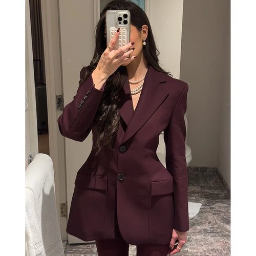 Fashion Casual Burgundy Red Women Slim Blazer Jackets Elegant Lapel