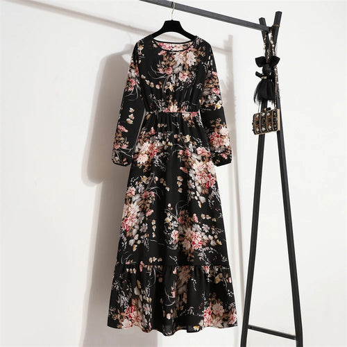 Spring Summer Women Maxi Dresses Casual Full Sleeve Floral Printed