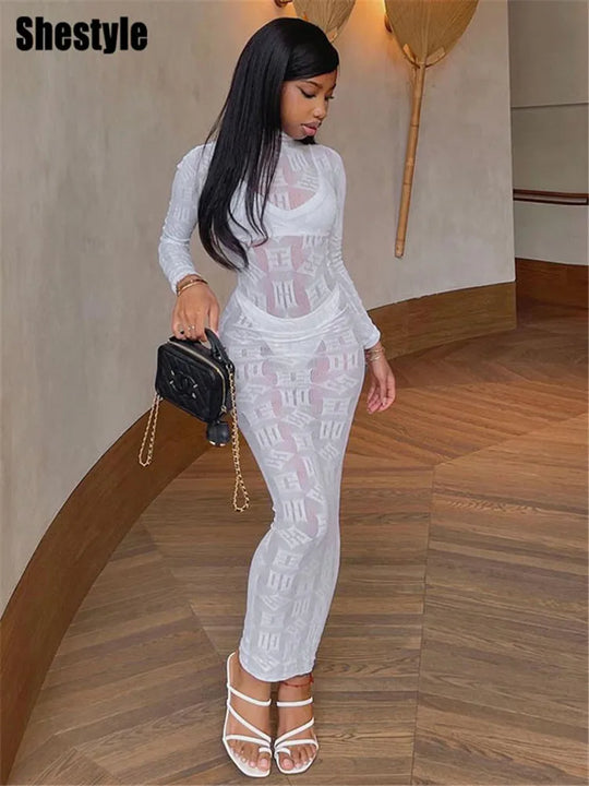 Shestyle See Through Super Elastic Long Pencil Dress Women Letter