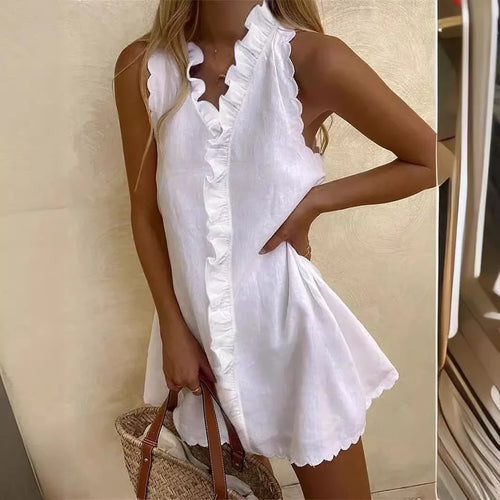 New Women Casual Cotton And Linen White Dress Summer V Neck Ruffles