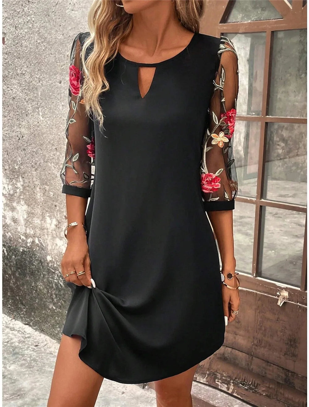 Luxury Dress Women's Perspective Mid Sleeve Printed Round Neck Mini
