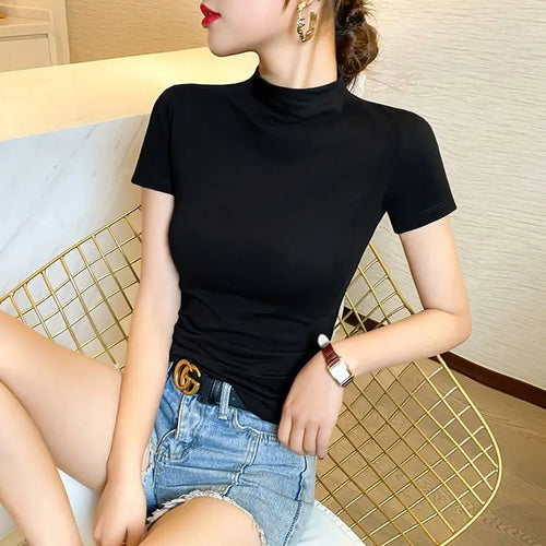 Luxury New Korean Style Women's Clothes High Neck Stretch Short