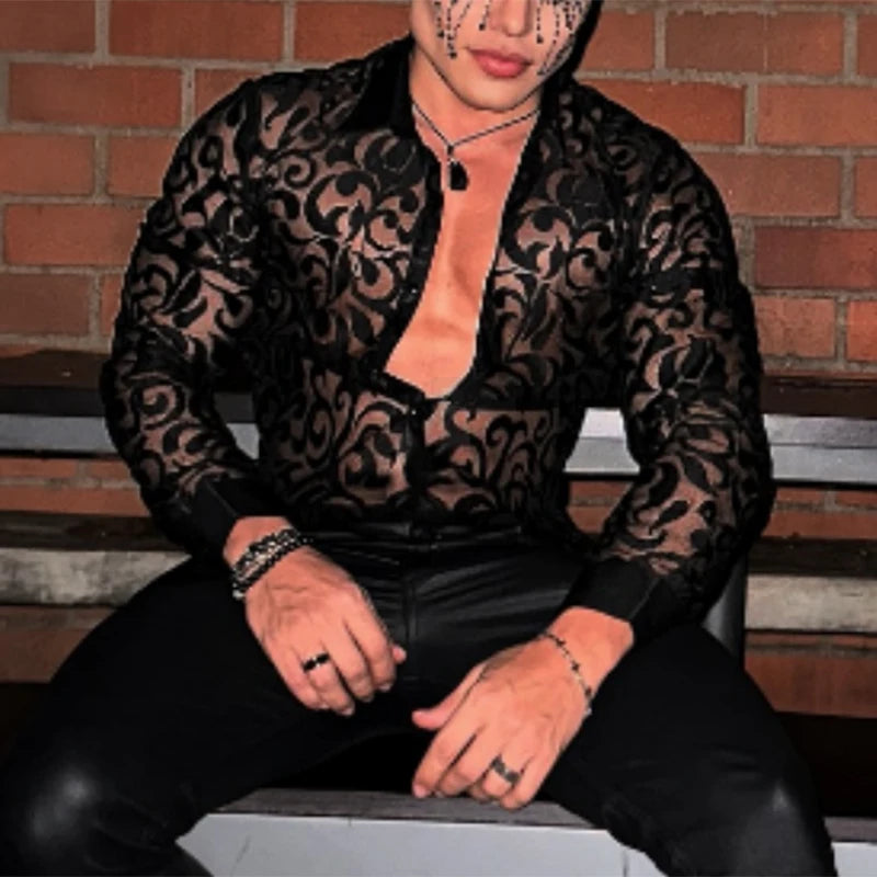 Men Shirt Mesh Transparent Jacquard Lapel Long Sleeve Streetwear Sexy Men Clothing 2025 Fashion Unisex Shirts S-5XL INCERUN