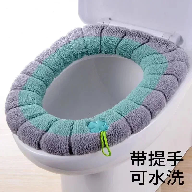 Universal Toilet Seat Cover Winter Warm Soft Seat Mat O-shaped Fleece Pad Bathroom Seat Cushion with Handle Bathroom Accessories