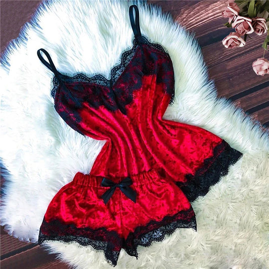 Sexy Lingerie Women Sleep Wear Camisole Bow Shorts V-Neck Tops Velvet