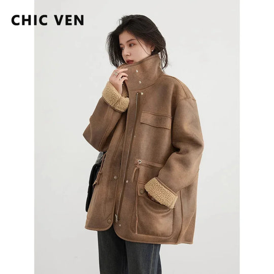 CHIC VEN Women's Jackets Thick Warm Solid Suede Reversible Jacket