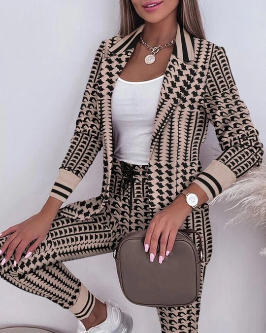 Women's Spring Double Breasted Blazer Office Pantsuit Striped Notched