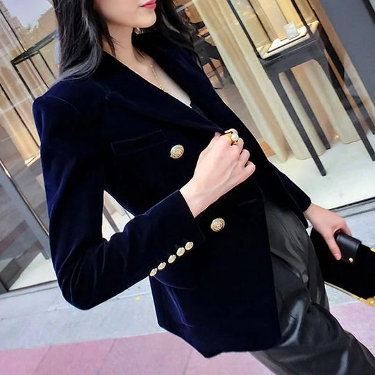 New Spring Fashion Women Midnight Navy Slim Velvet Blazer Office Lady