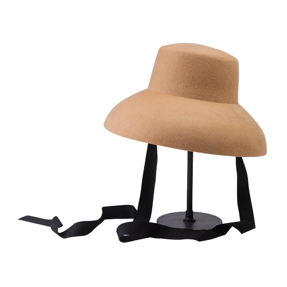 Vintage Elegant Autumn Winter Wool Felt Fedora Hat for Women Flat Top Wide Downturned Brim Hat with Tie Band Church Hat