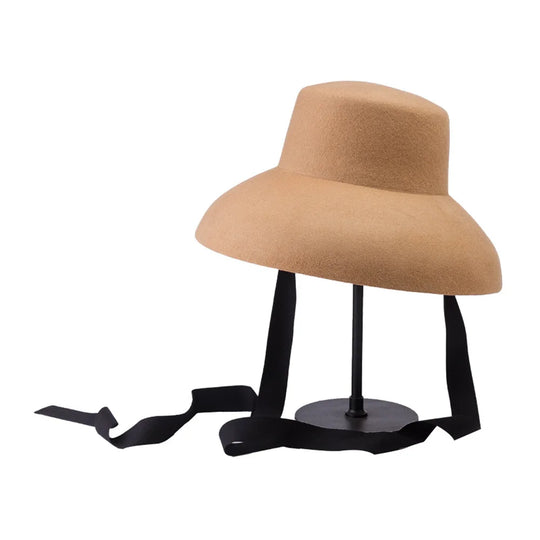 Vintage Elegant Autumn Winter Wool Felt Fedora Hat for Women Flat Top Wide Downturned Brim Hat with Tie Band Church Hat