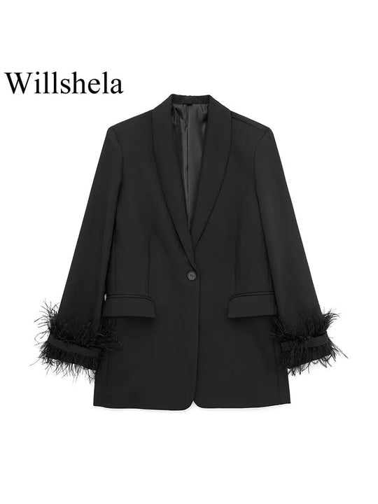 Willshela Women Fashion Satin Black With Feather Blazer Jacket Vintage