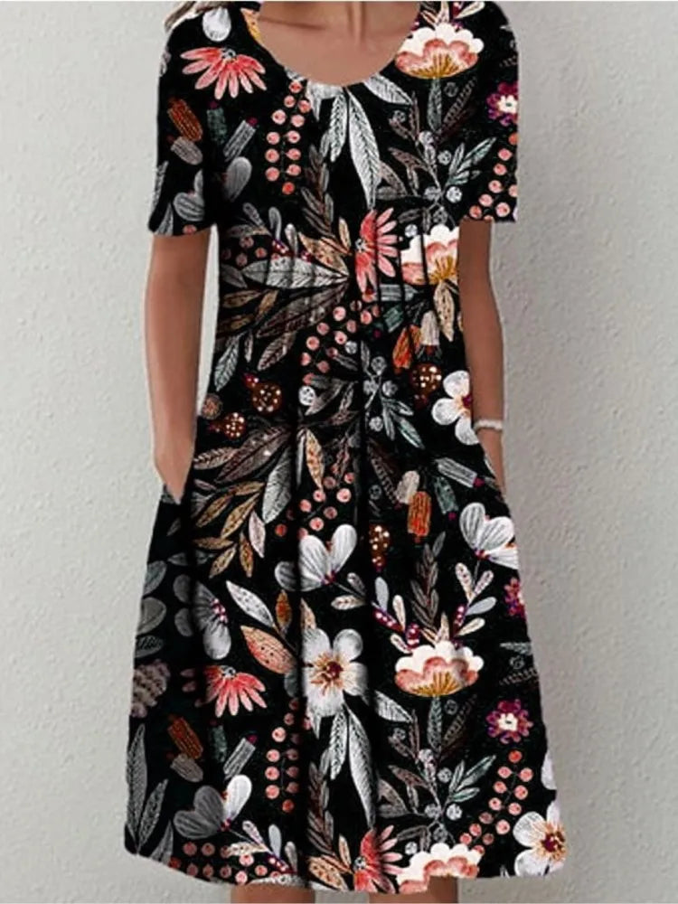 Summer Fashion Boho Floral Print Pocket Midi Dress For Women O Neck Short Sleeve Casual Loose Dress Female Women's Clothing