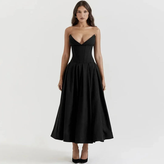 Black Elegant Wedding Events Dress Sexy Strapless Corset Dress Midi