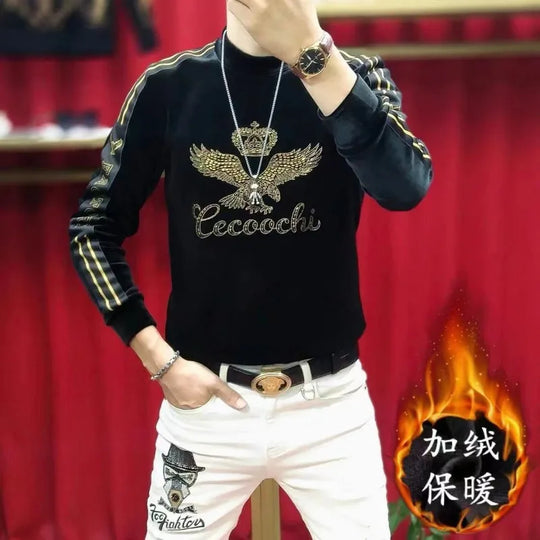 Men's Gold Velvet Plus Velvet Thickened Warm Base Shirt Trendy Diamond Webbing Fashion Top