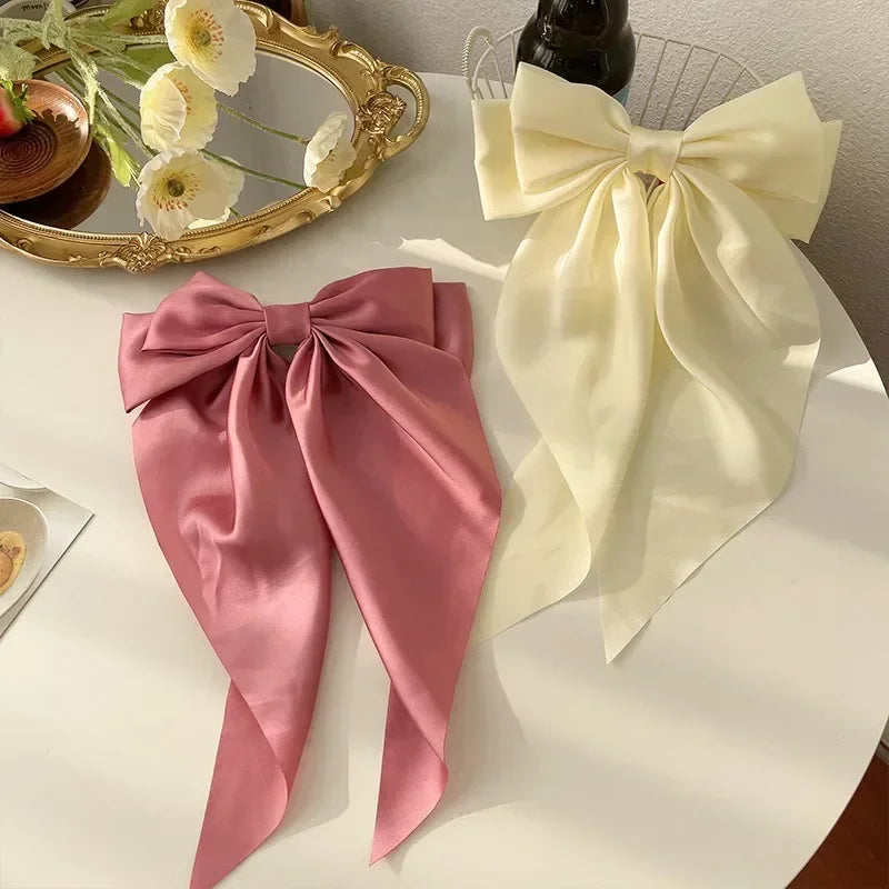 1pcs Solid Color Satin Ribbon Big Bows Hairpin Spring Clips Hair