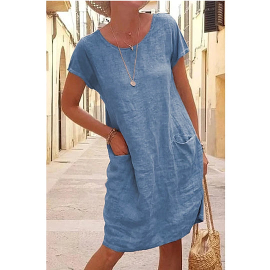 Elegant Women's Casual Dresses 2023 Summer Loose Solid Pocket Short Sleeve O Neck Cotton Linen Dress Lady Robe  Vestidos Mujer
