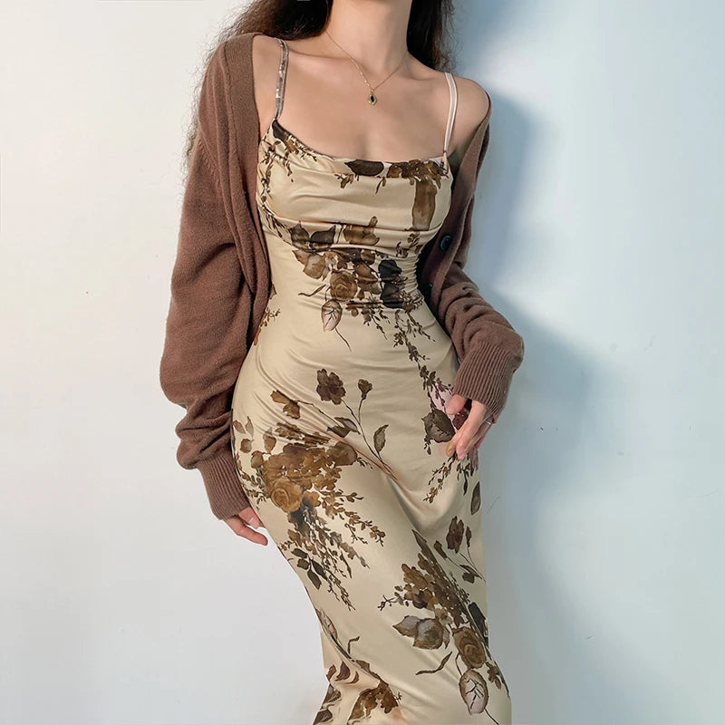 CIBBAR Vintage Strap Dress Retro Floral Print Sleeveless Summer