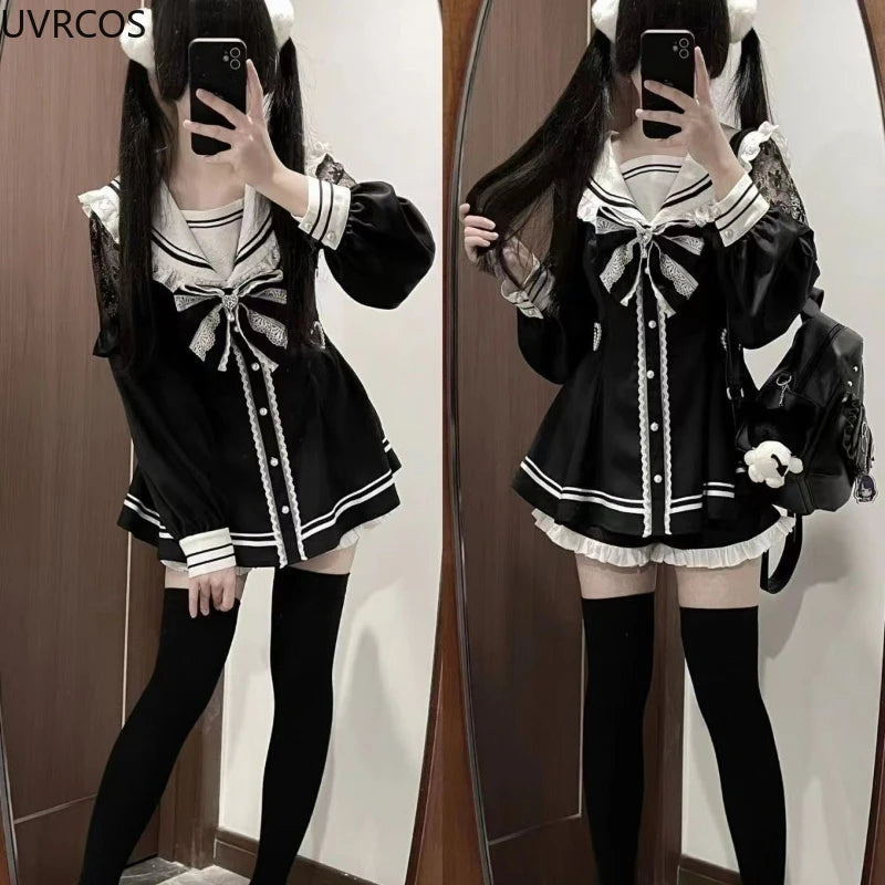 Japanese Style Gothic Y2k Lolita Bow Dress Shorts Set Women Vintage