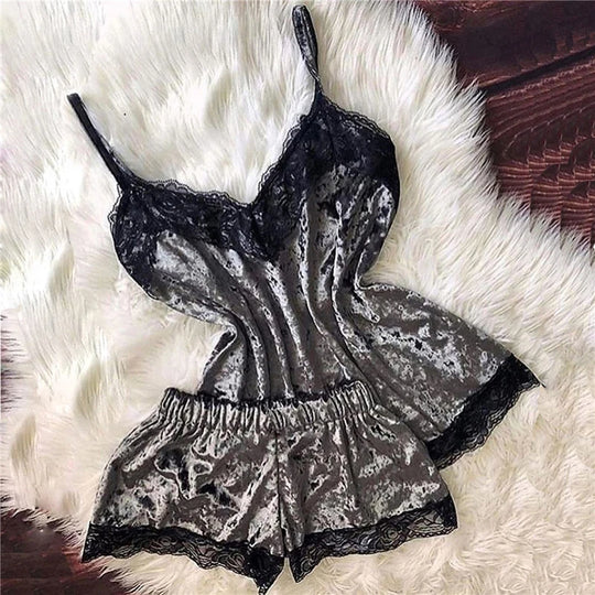 Sexy Lingerie Women Sleep Wear Camisole Bow Shorts V-Neck Tops Velvet