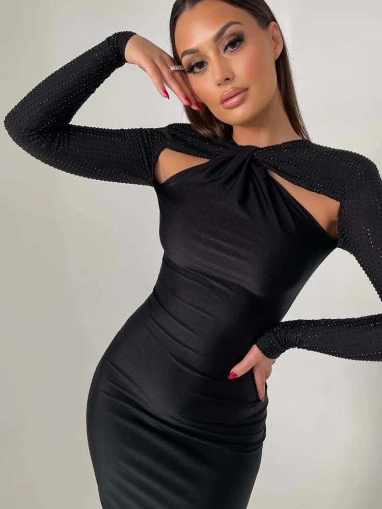 Mozision Hollow Out Sparkle Long Sleeve Maxi Dress For Women Glitter