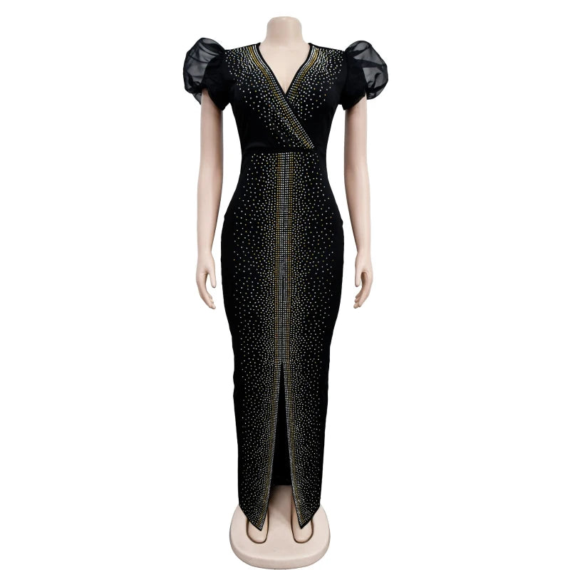 Summer Fashion Bubble Sleeve Diamond Evening Dress African Fashion Women High Street V-neck Slim Split Wedding Party Dress Women