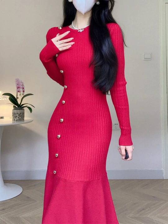 Korean Chic French Knitted Dress Women High Waist Fishtail Dresses