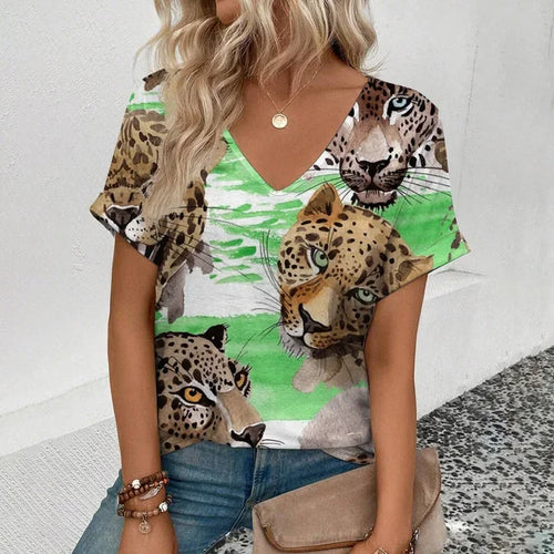 Summer clothing V-neck sexy leopard print T-shirt animal pattern
