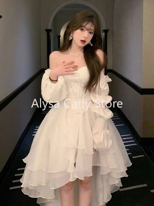 Elegant Ruffles Chic Fairy Dress Women White Sweet Korean Style