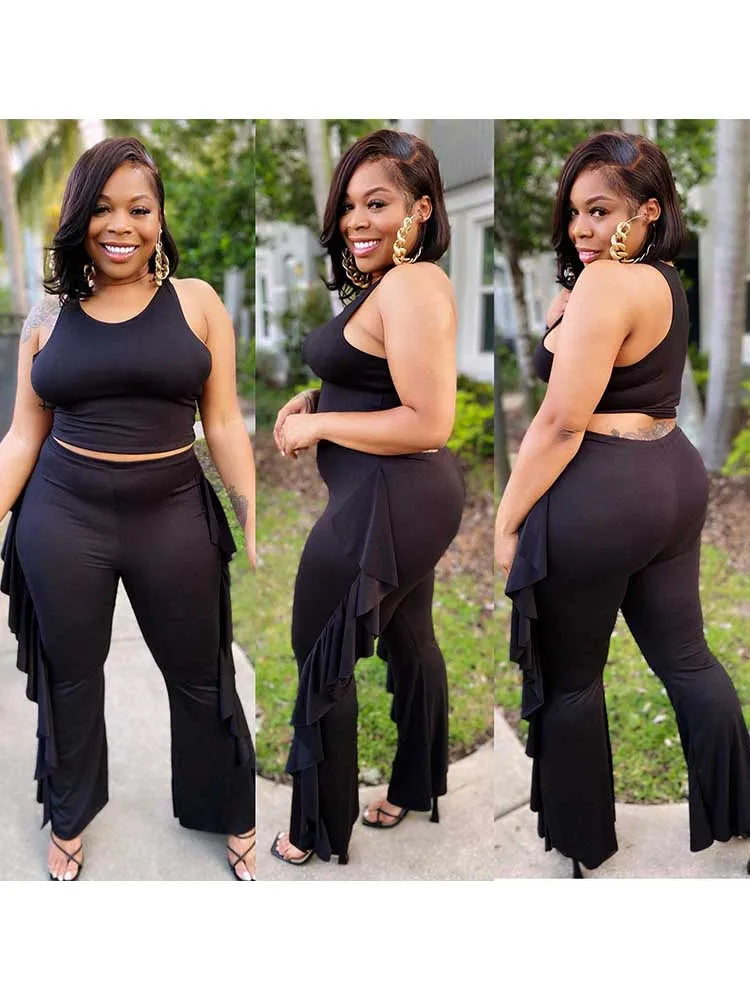 Style Plus Size Women Clothing Summer Two-piece Set Solid Color Tank Top Ruffle Pant Set Lady Trendy Suit Wholesale Dropshipping
