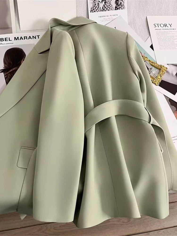 Women's Blazers Spring Autumn Suit Coat Beige Tie Up Jacket Slim Fit