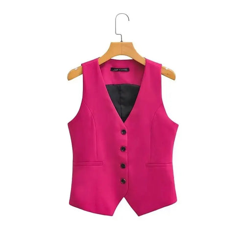 Women Fashion V Neck Sleeveless Pockets Short Vest Jacket Office Lady