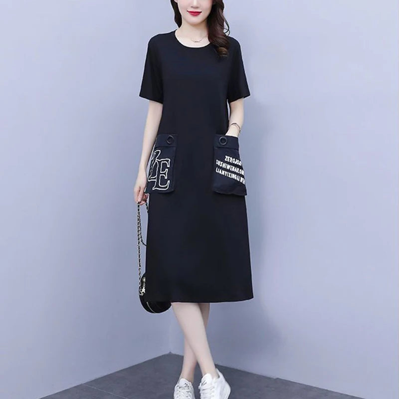 Fashion O-Neck Spliced Pockets Printed Letter Casual Dresses Women's Clothing 2024 Summer New Loose Commuter Short Sleeve Dress