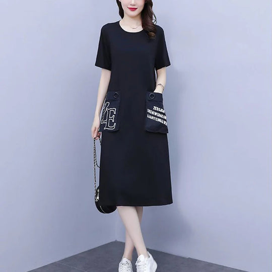 Fashion O-Neck Spliced Pockets Printed Letter Casual Dresses Women's Clothing 2024 Summer New Loose Commuter Short Sleeve Dress