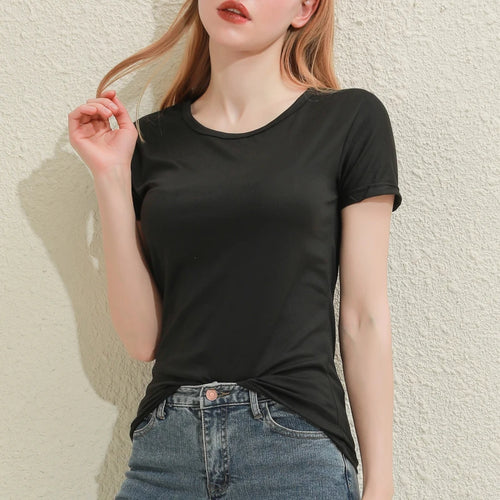Solid Women Cotton T-shirt V-Neck Short Sleeve Female Tee Slim White