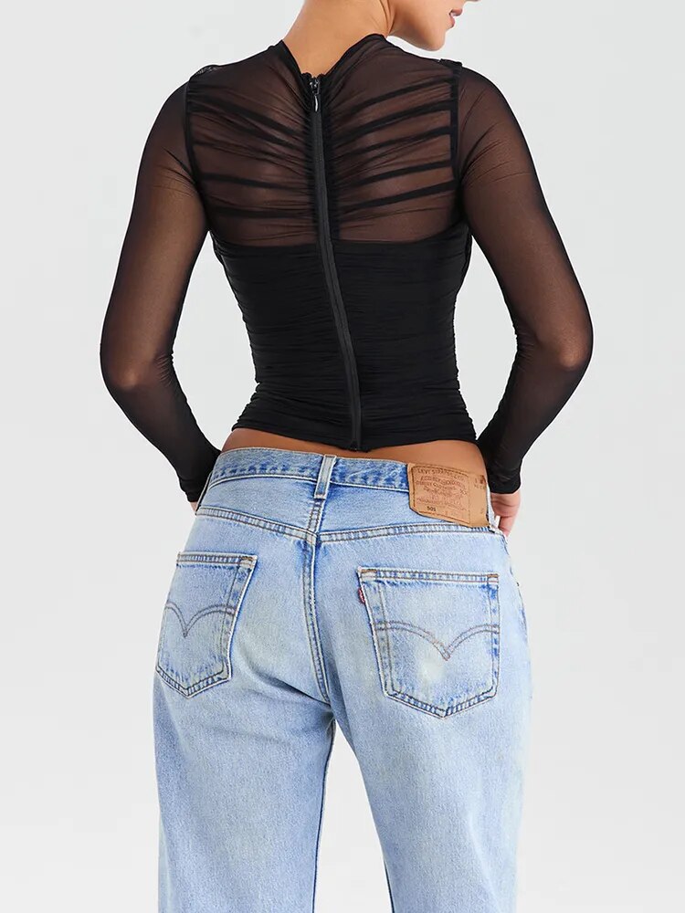 Mozision Sheer Mesh Long Sleeve Sexy T-shirt Women Autumn New V