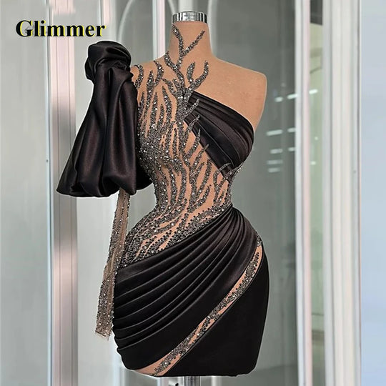 Glimmer Black Graduation Dresses for Teenagers One Shoulder Lace Pleated Wedding dresses for parties Robes De Soiree Customized
