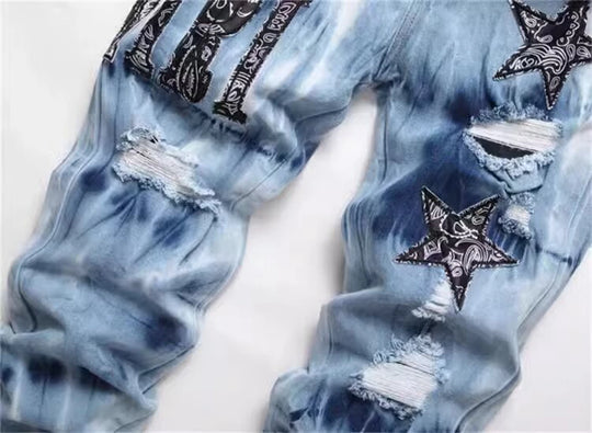 Y2K Star Embroidery Broken Hole Jeans Tie Dyed  Light Blue Cotton