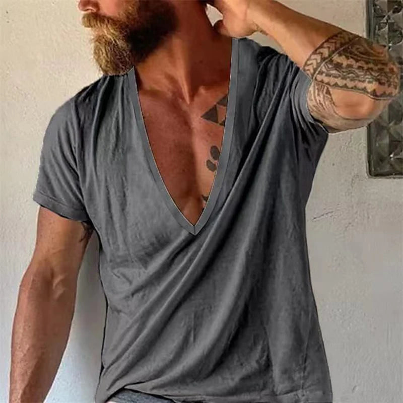 Vintage Loose Cotton T Shirts Men Casual V Neck Short Sleeve Solid