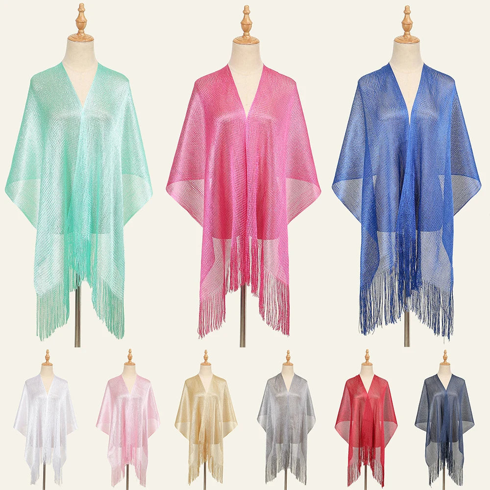 Shiny Bright Silk Scarf Women Evening Dress Shawl Tassel Gold Silver