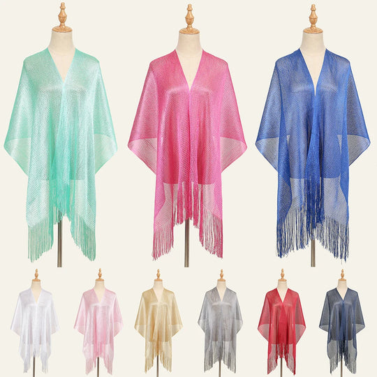 Shiny Bright Silk Scarf Women Evening Dress Shawl Tassel Gold Silver