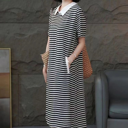 Fashion Lapel Spliced Pockets Printed Striped Casual Dresses Women's Clothing 2024 Summer New Loose Commuter Short Sleeve Dress